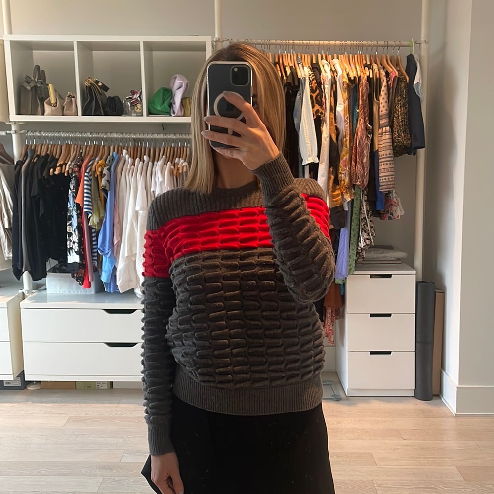 JNBY Sweater, Gray & Red, Small, Exclusive Style and Fabric Guaranteed Quality